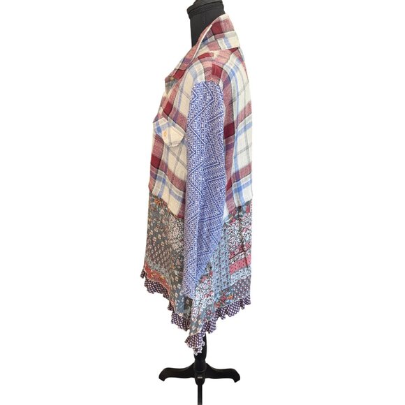 Ali Miles XL Patchwork Plaid Floral Button-Down Oversized Boyfriend Shirt Tunic - Picture 3 of 8